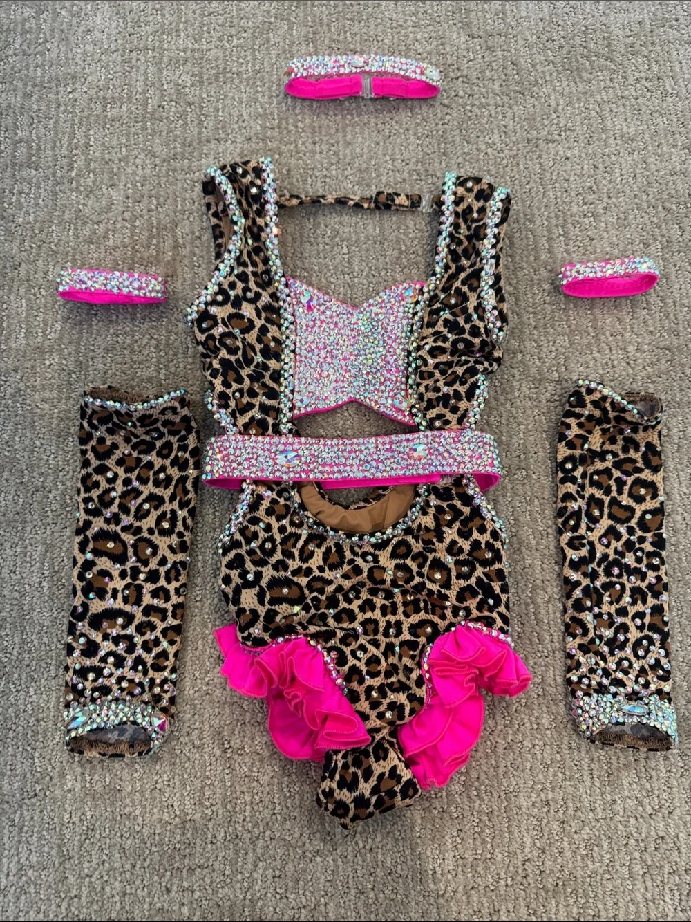 Girls' Pink Leopard Dance Leotard with Rhinestone Accents